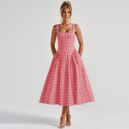Women red square neck midi dress, front view