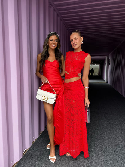 Women red high neck set, side view