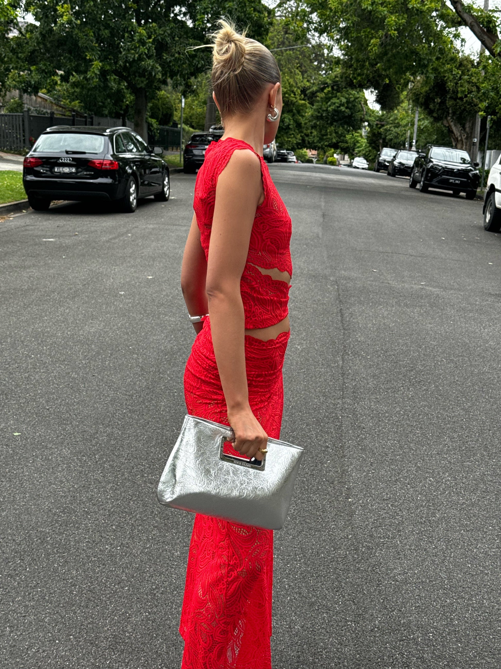 Women red high neck set, side view