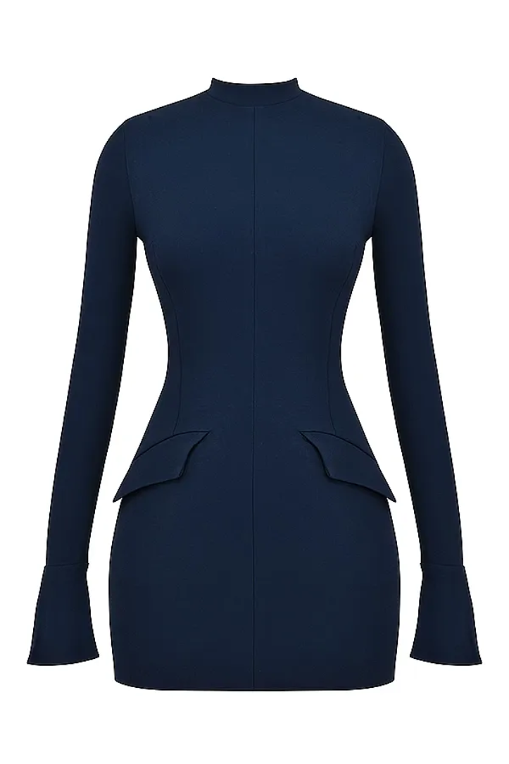 Women navy mini dress, back view