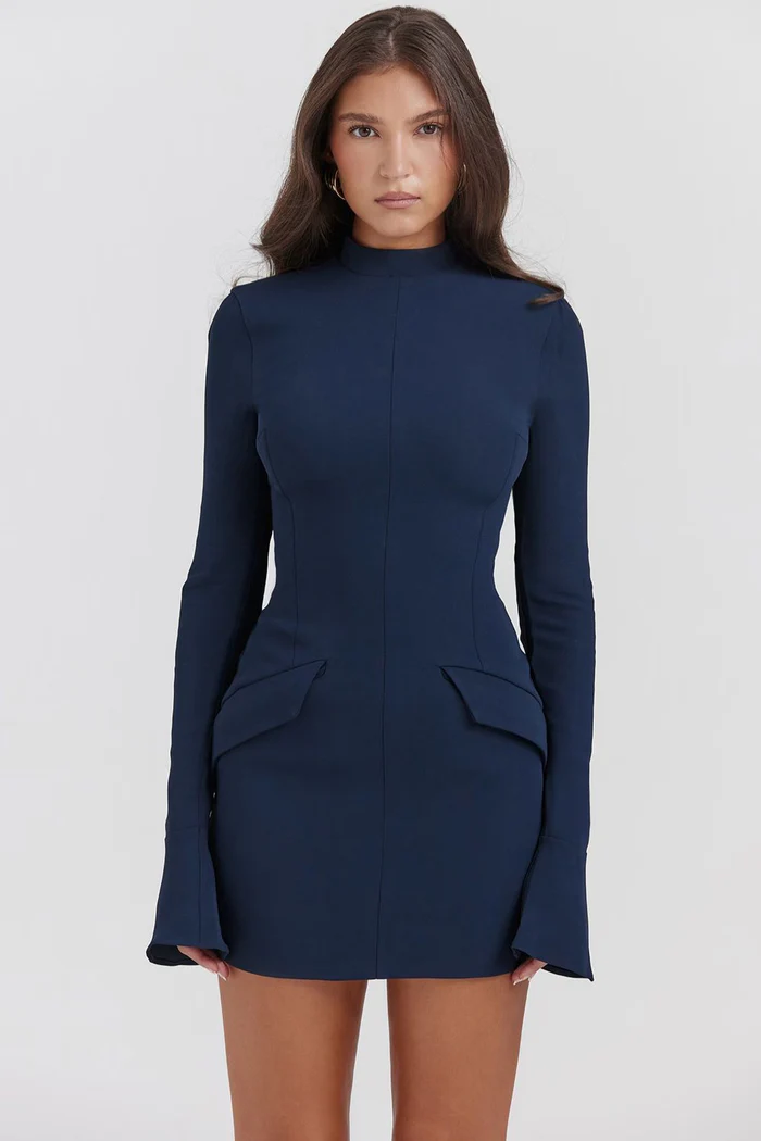 Women navy mini dress, side view