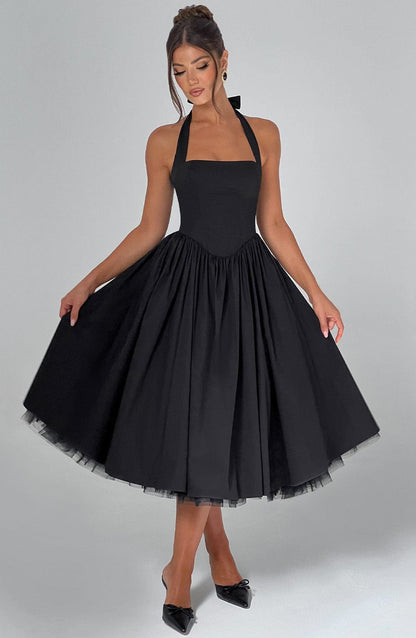 Women black halter midi dress, back view