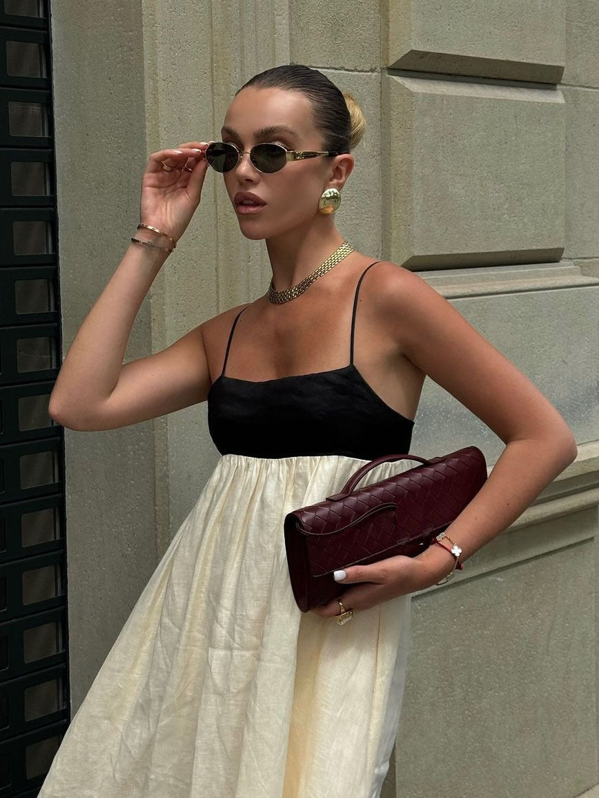 Women beige maxi dress, close-up