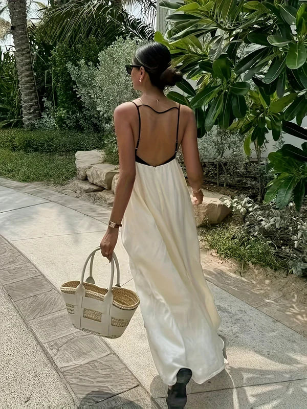 Women beige maxi dress, back view