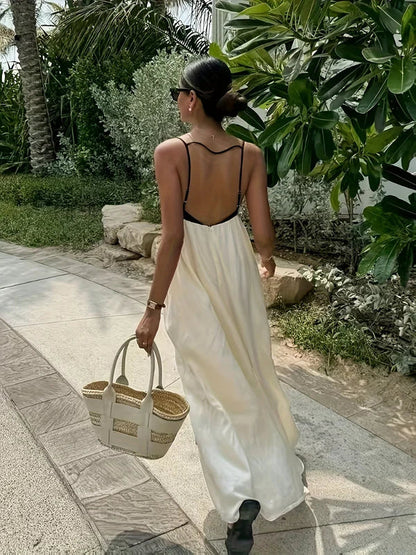 Women beige maxi dress, back view