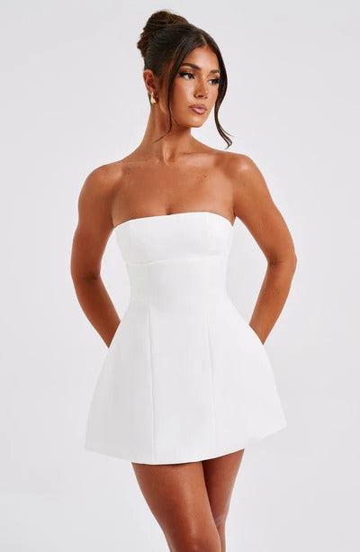 Women white strapless mini dress, front view
