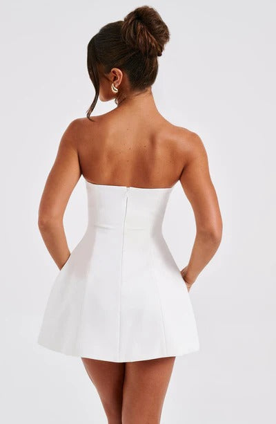 Women white strapless mini dress, back view