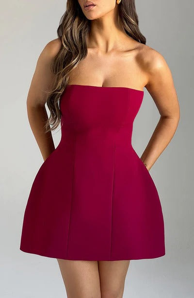 Women red strapless mini dress, detail