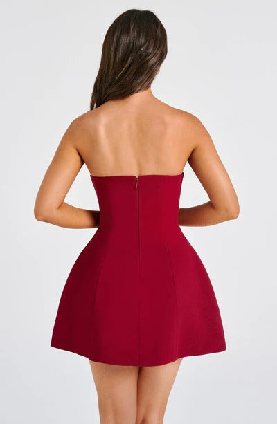 Women red strapless mini dress, back view