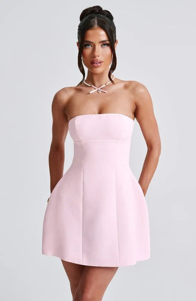 Women pink strapless mini dress, front view