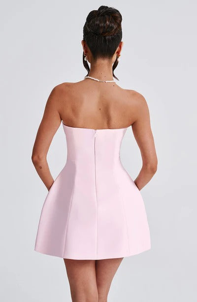 Women pink strapless mini dress, back view