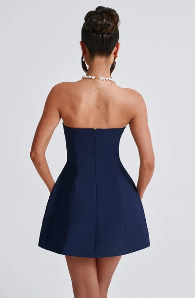 Women navy strapless mini dress, back view