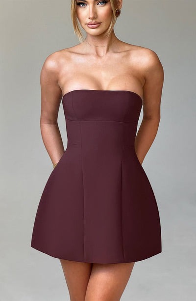 Women red strapless mini dress, front view