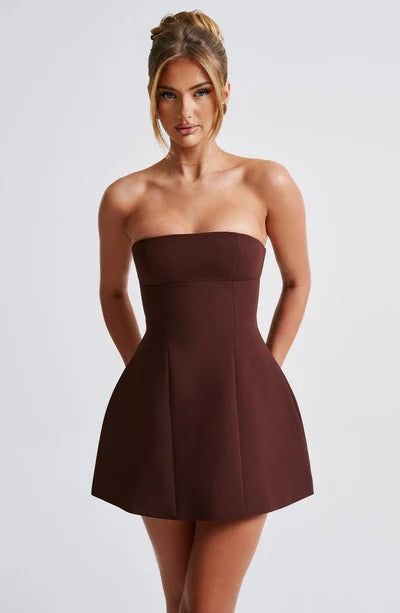 Women brown strapless mini dress, front view