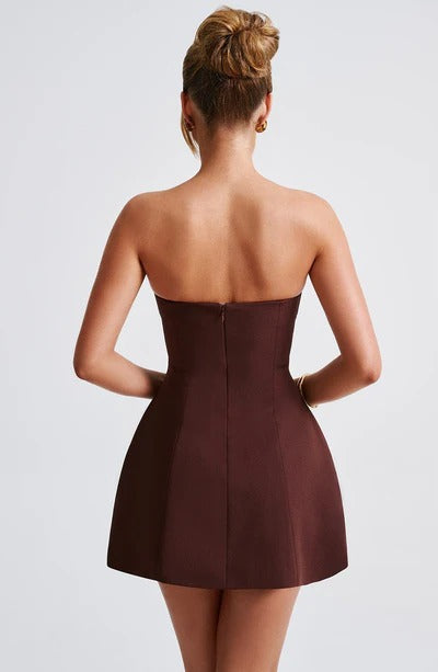 Women red strapless mini dress, back view