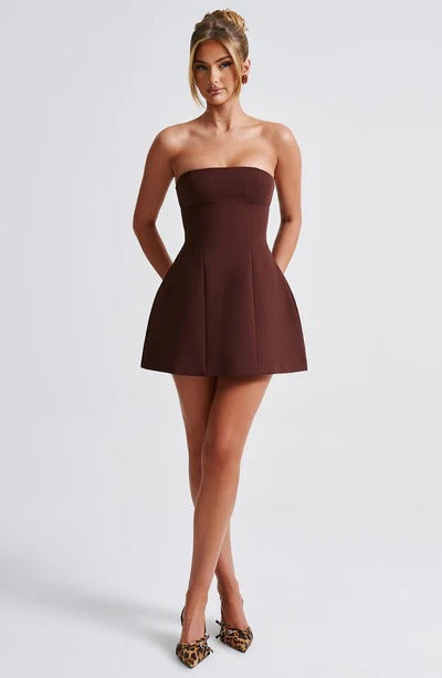 Women red strapless mini dress, back view