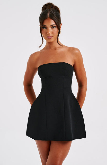 Women black strapless mini dress, detail