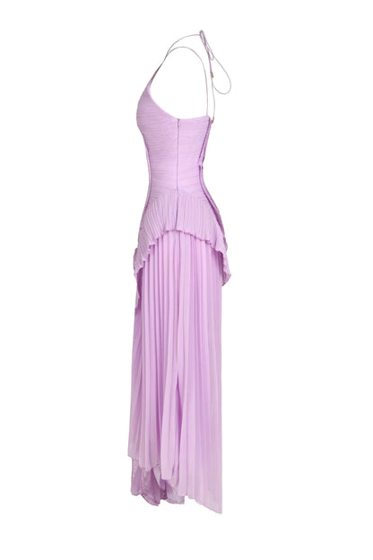 Women purple one shoulder midi dress, side view