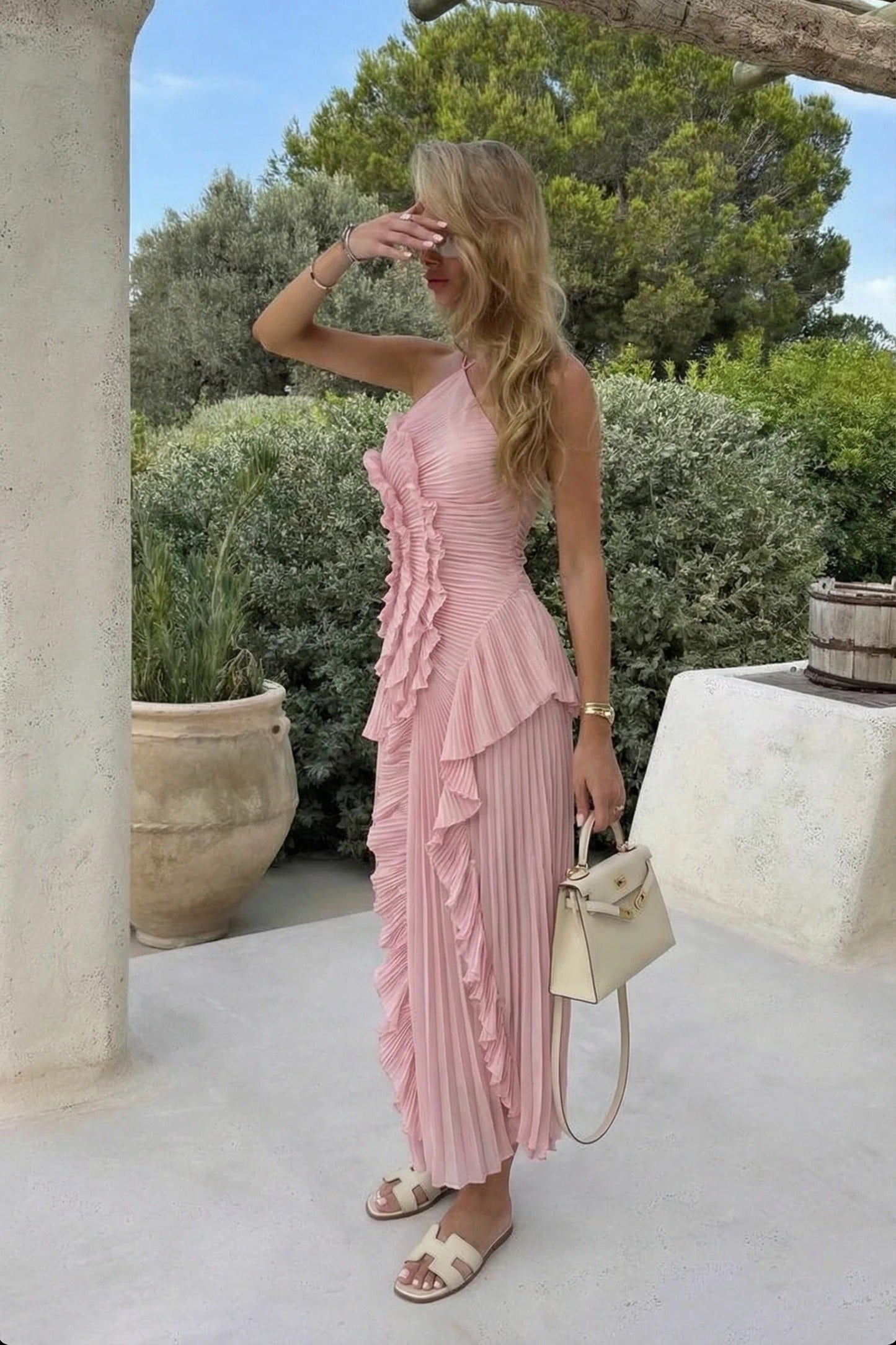 Women pink one shoulder midi dress, detail close-up