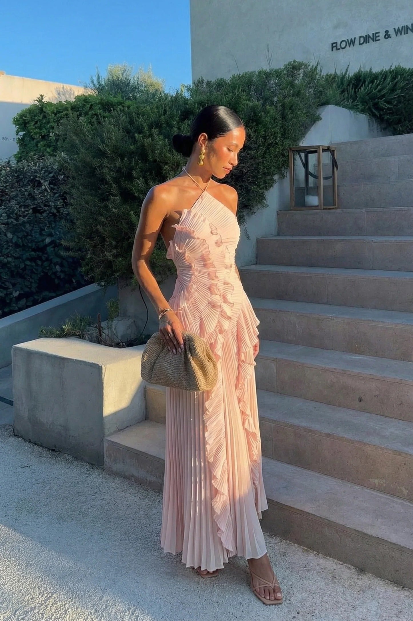 Women pink one shoulder midi dress, front view