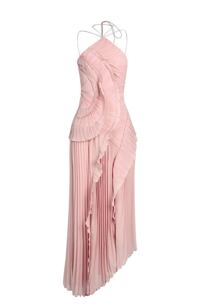 Women pink one shoulder midi dress, back view