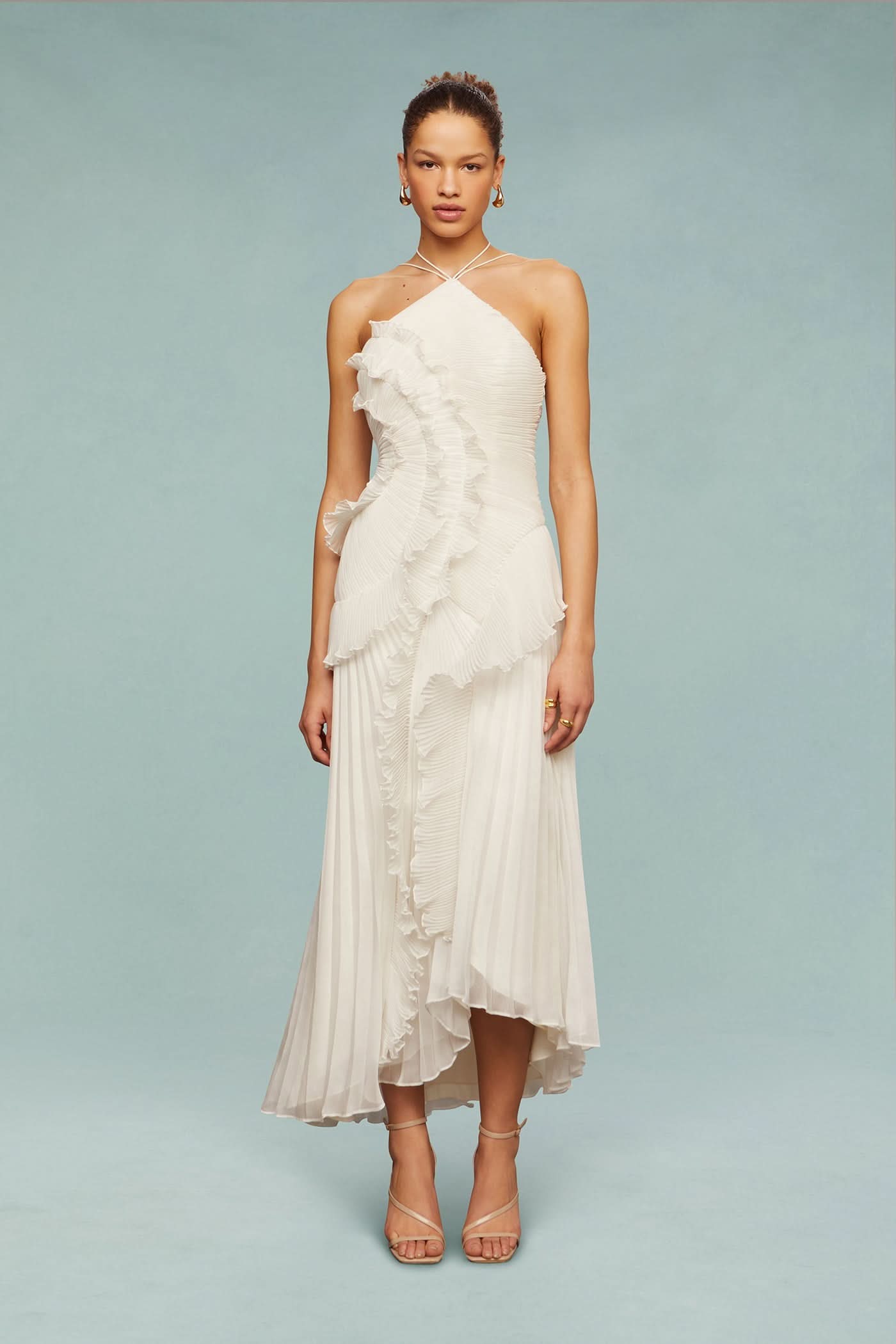 Women white one shoulder midi dress, side view