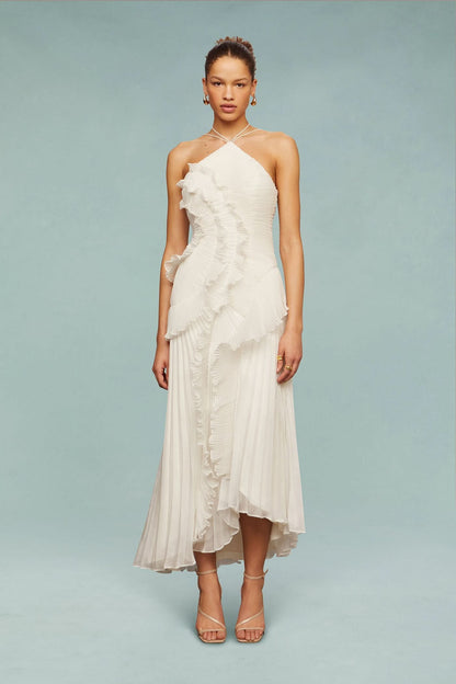 Women white one shoulder midi dress, side view