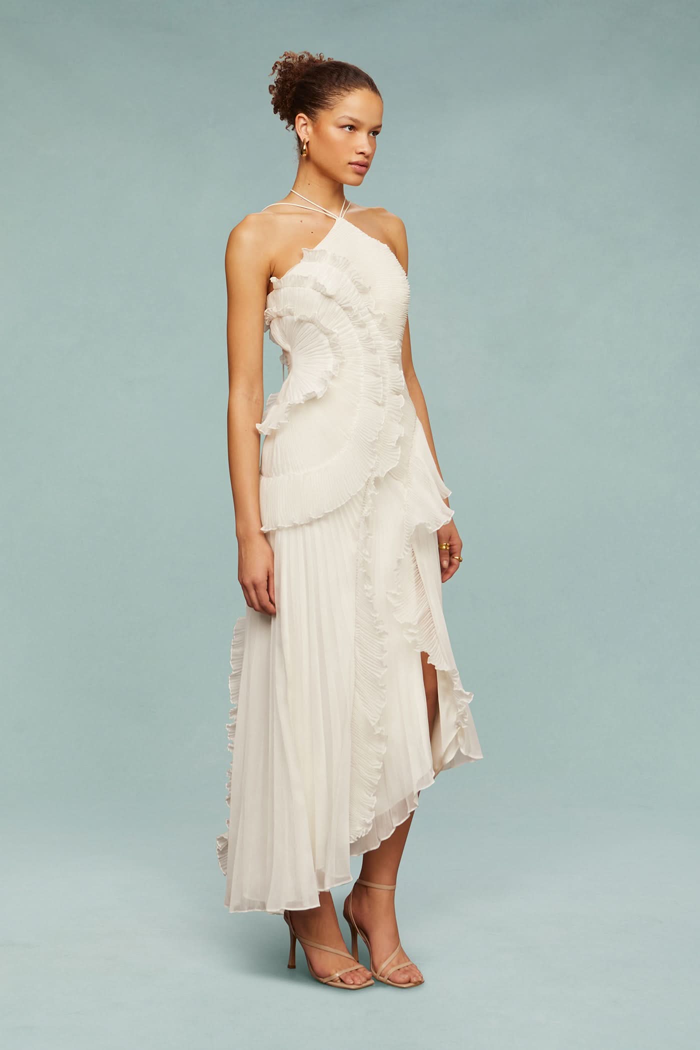 Women white one shoulder midi dress, detail