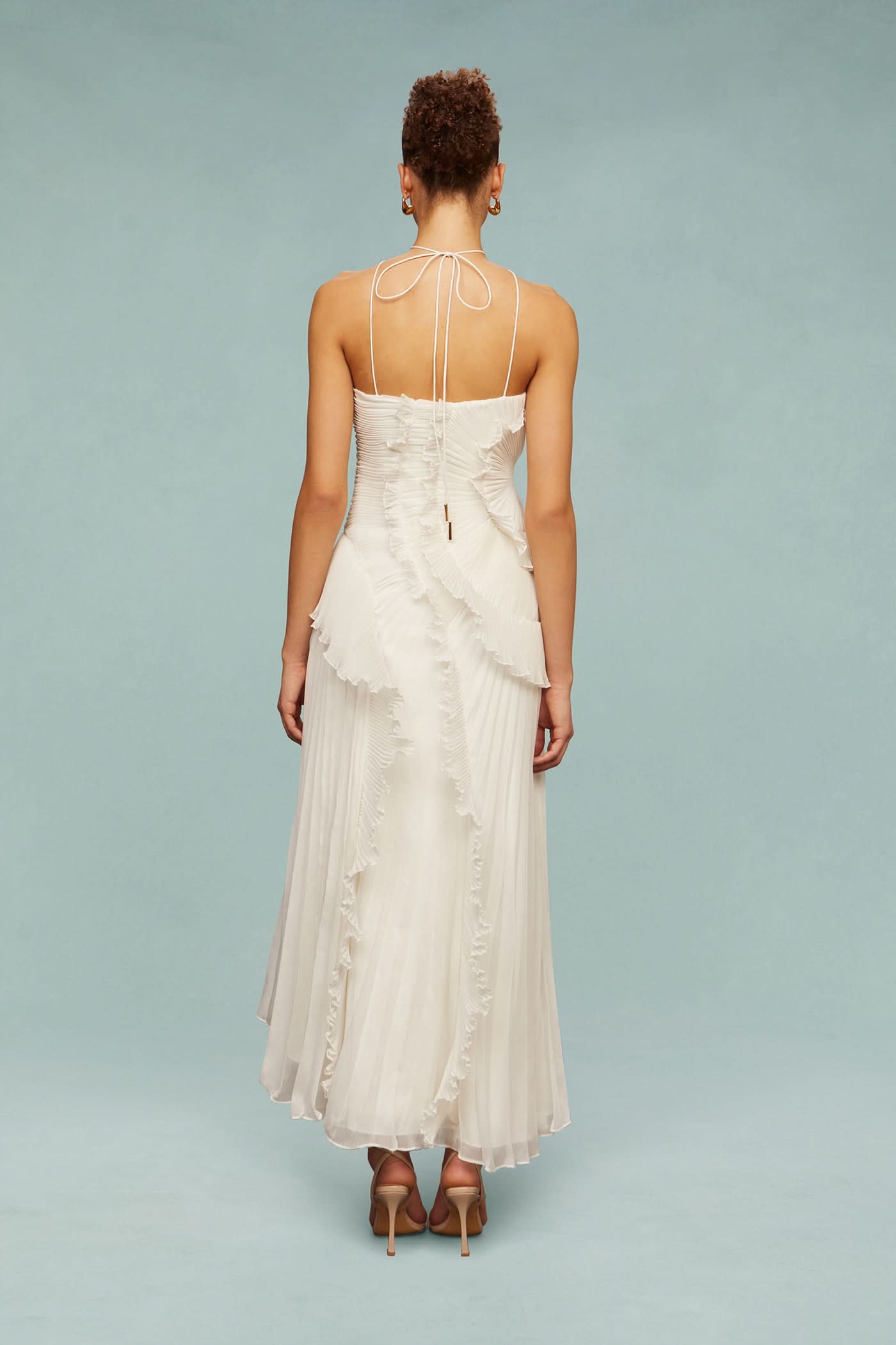 Women white one shoulder midi dress, back view