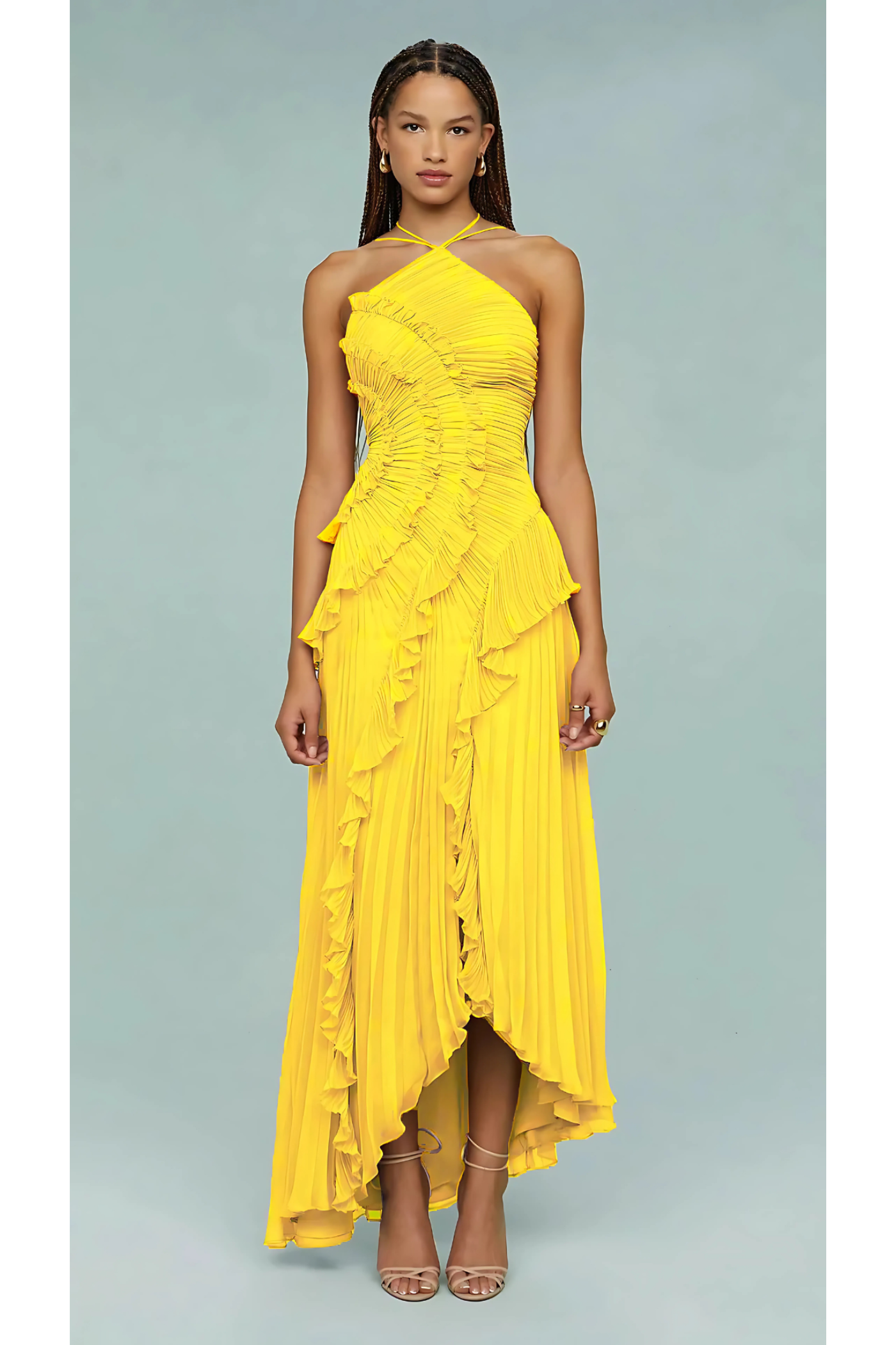 Women yellow one shoulder midi dress, front view