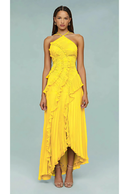 Women yellow one shoulder midi dress, front view