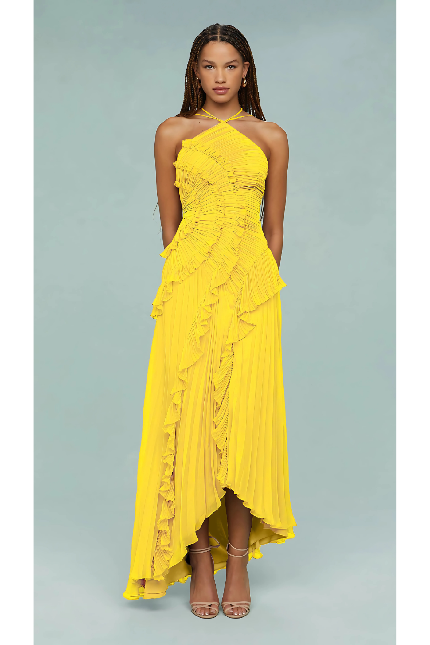 Women yellow one shoulder midi dress, front view