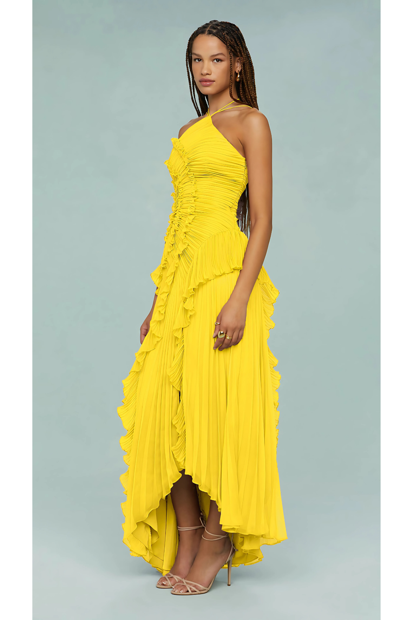 Women yellow one shoulder midi dress, side