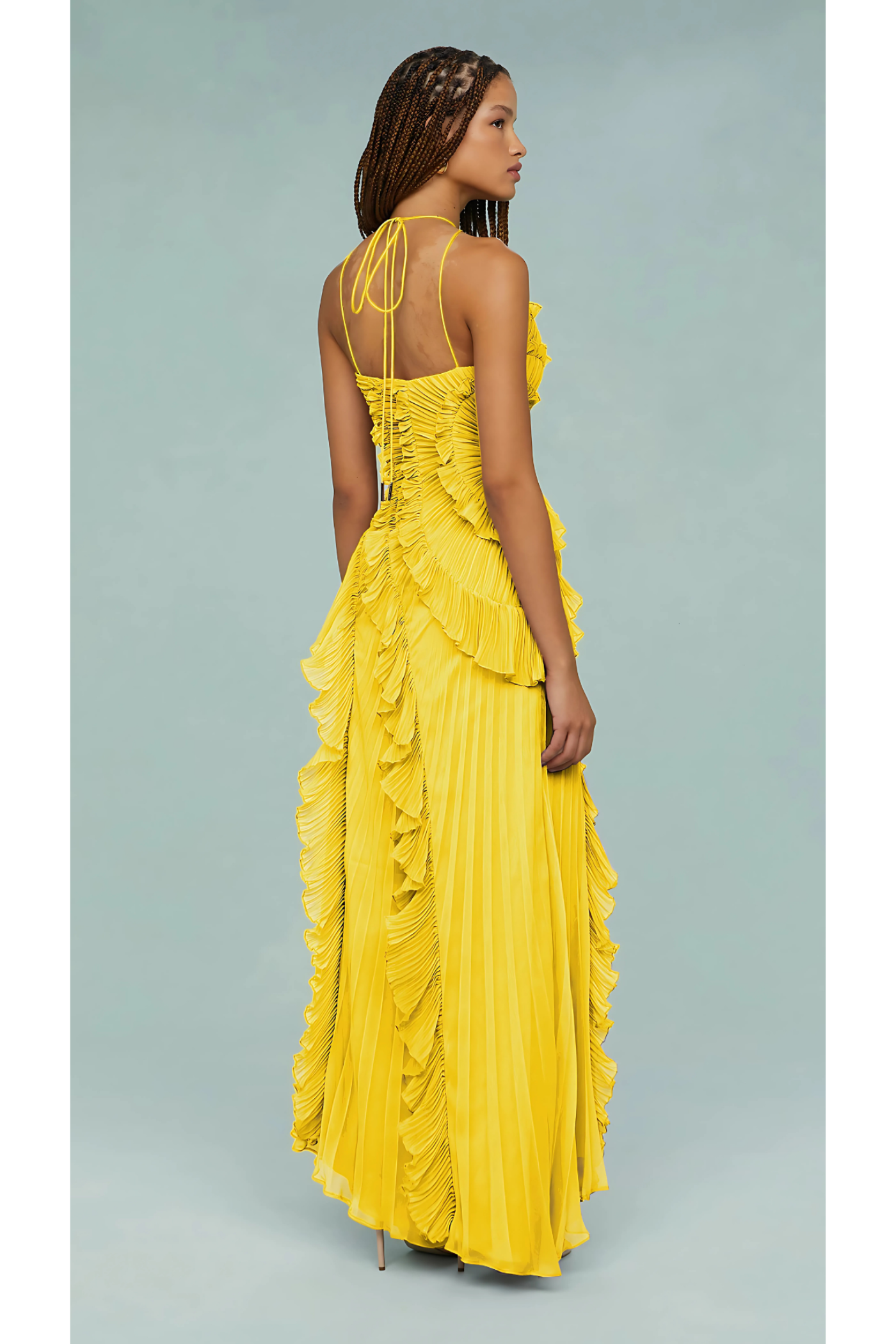 Women yellow one shoulder midi dress, detail