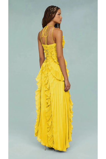 Women yellow one shoulder midi dress, detail