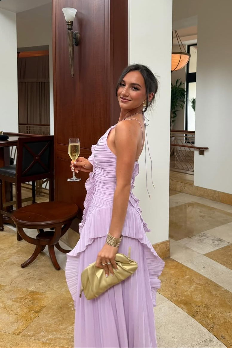 Women purple one shoulder midi dress, side