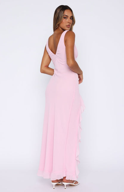 Women pink v neck maxi dress, back view