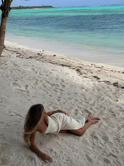 Women white strapless maxi dress, front view