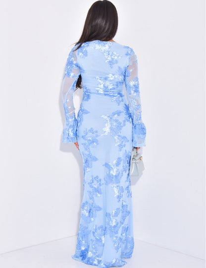 Women blue scoop maxi dress, back view