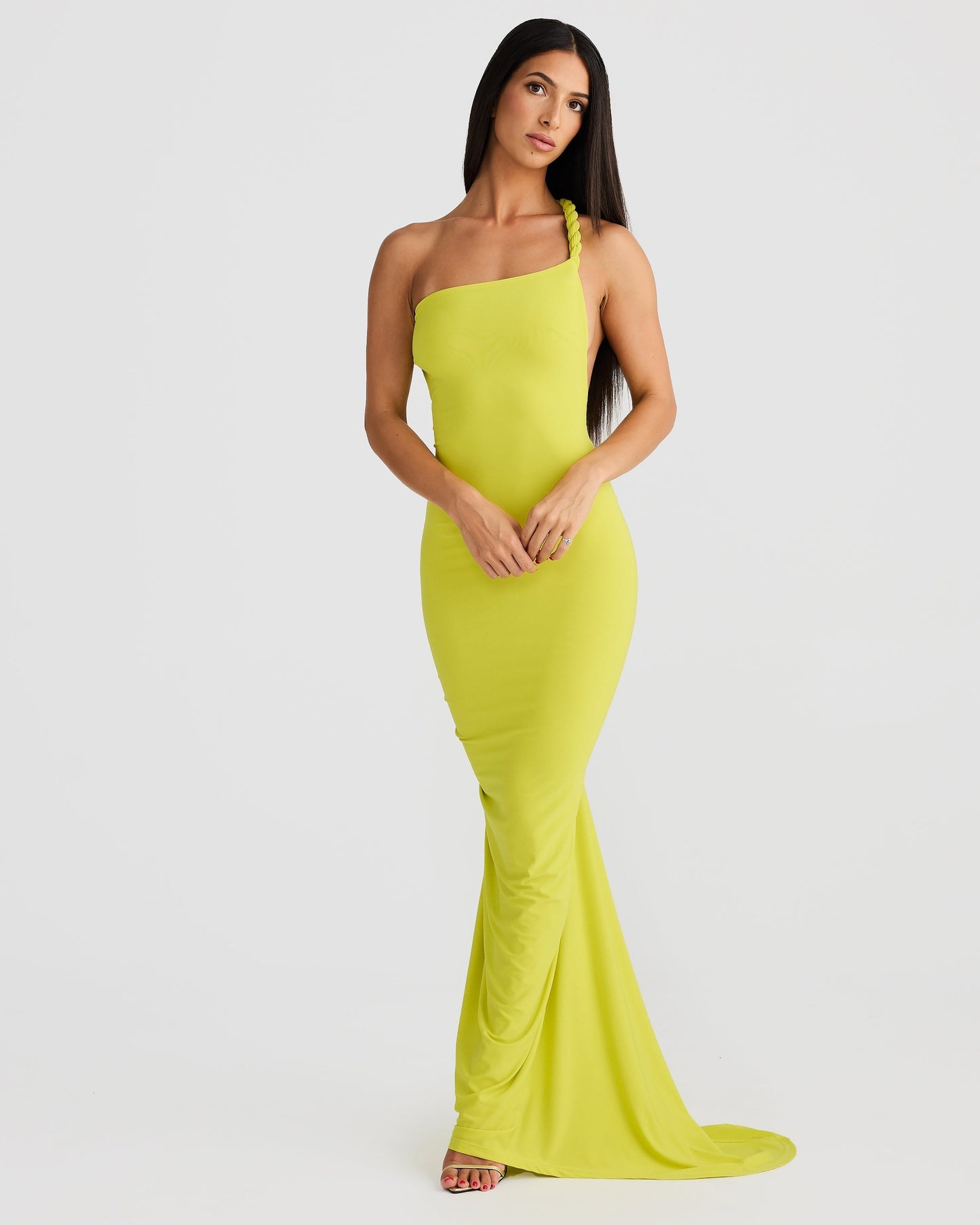 Women green off shoulder maxi dress, side view