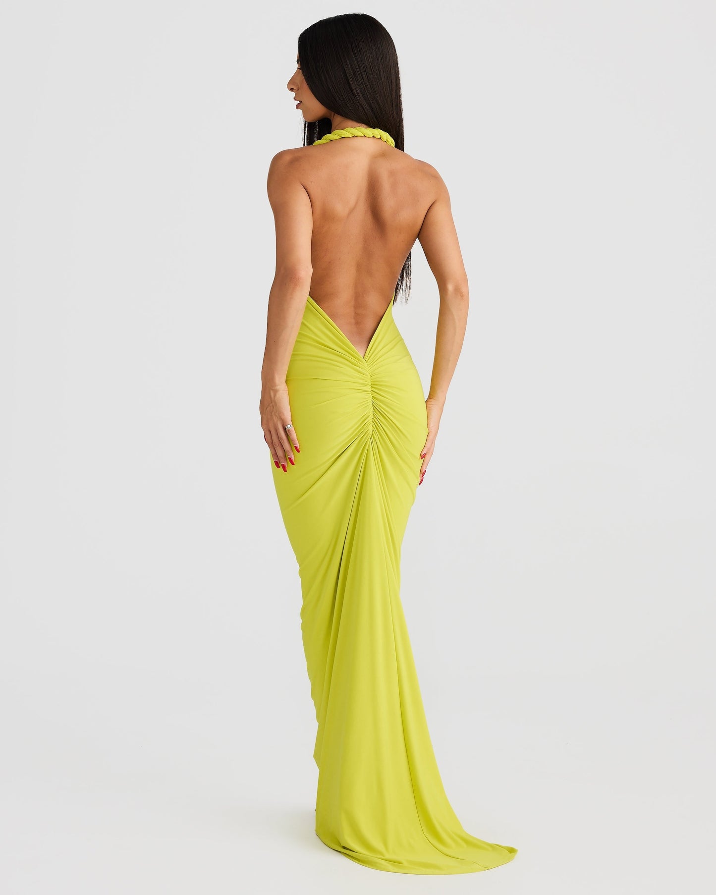 Women green off shoulder maxi dress, back view