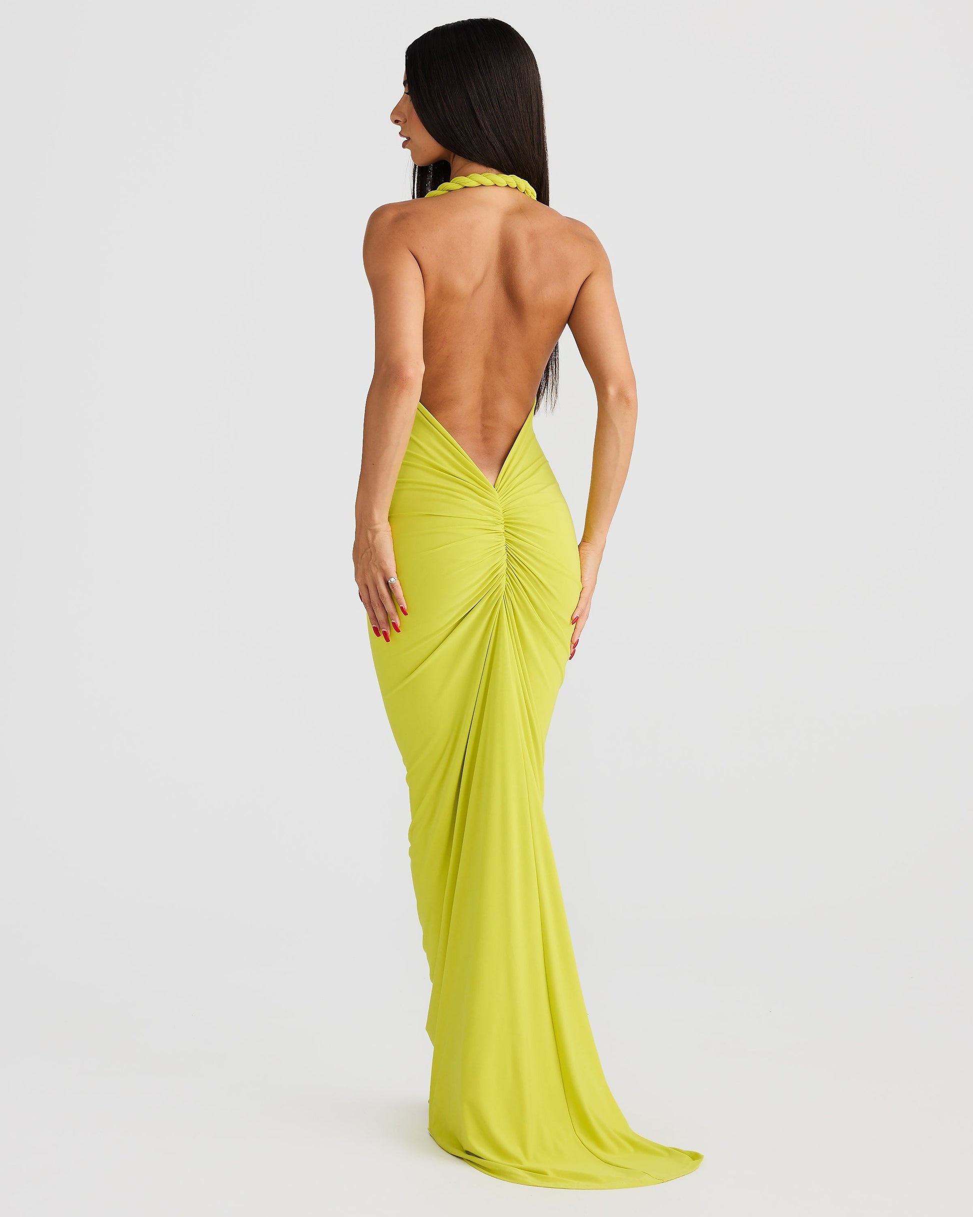 Women green off shoulder maxi dress, back view