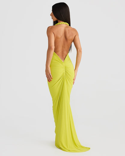 Women green off shoulder maxi dress, back view