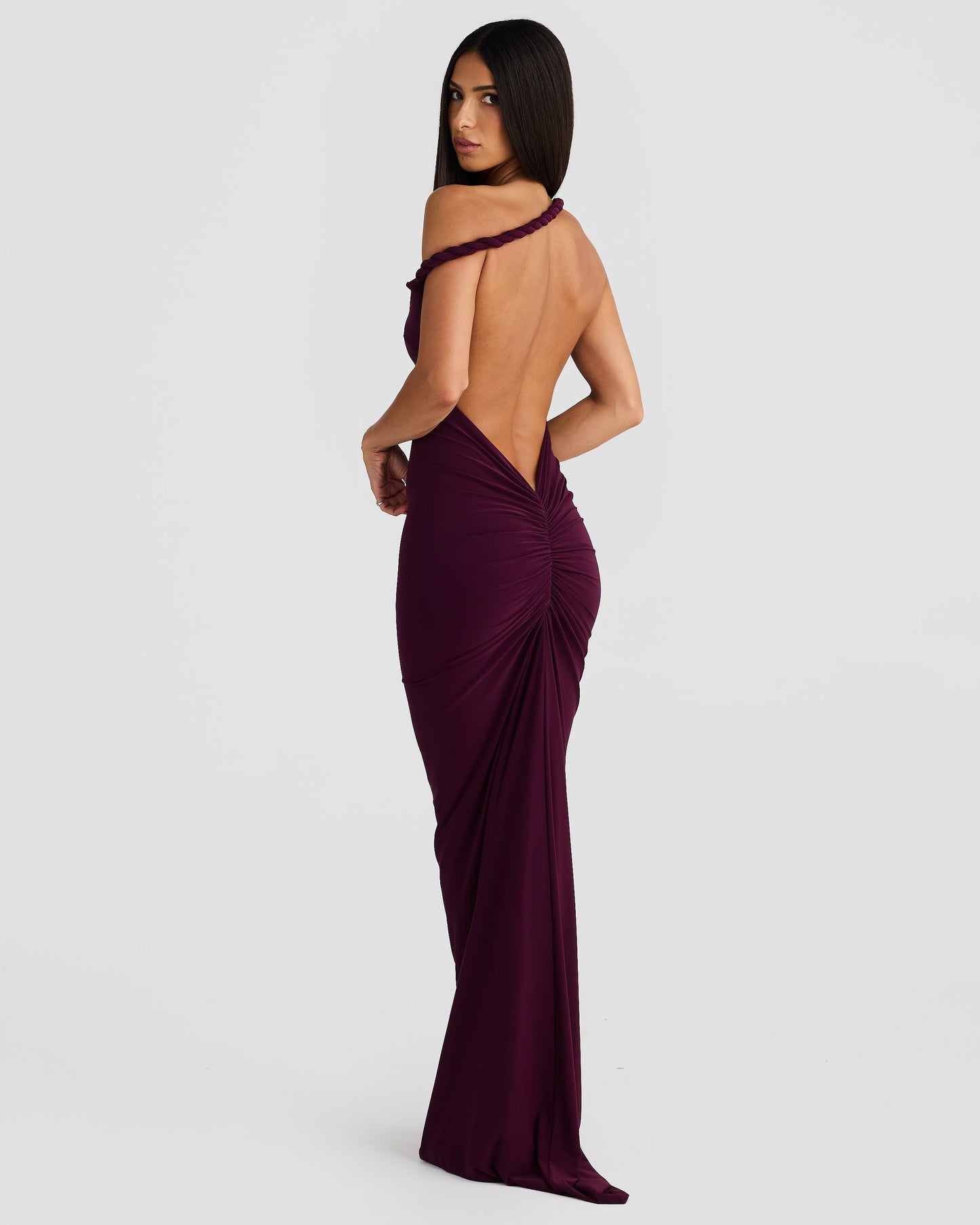 Women off shoulder maxi dress, back view