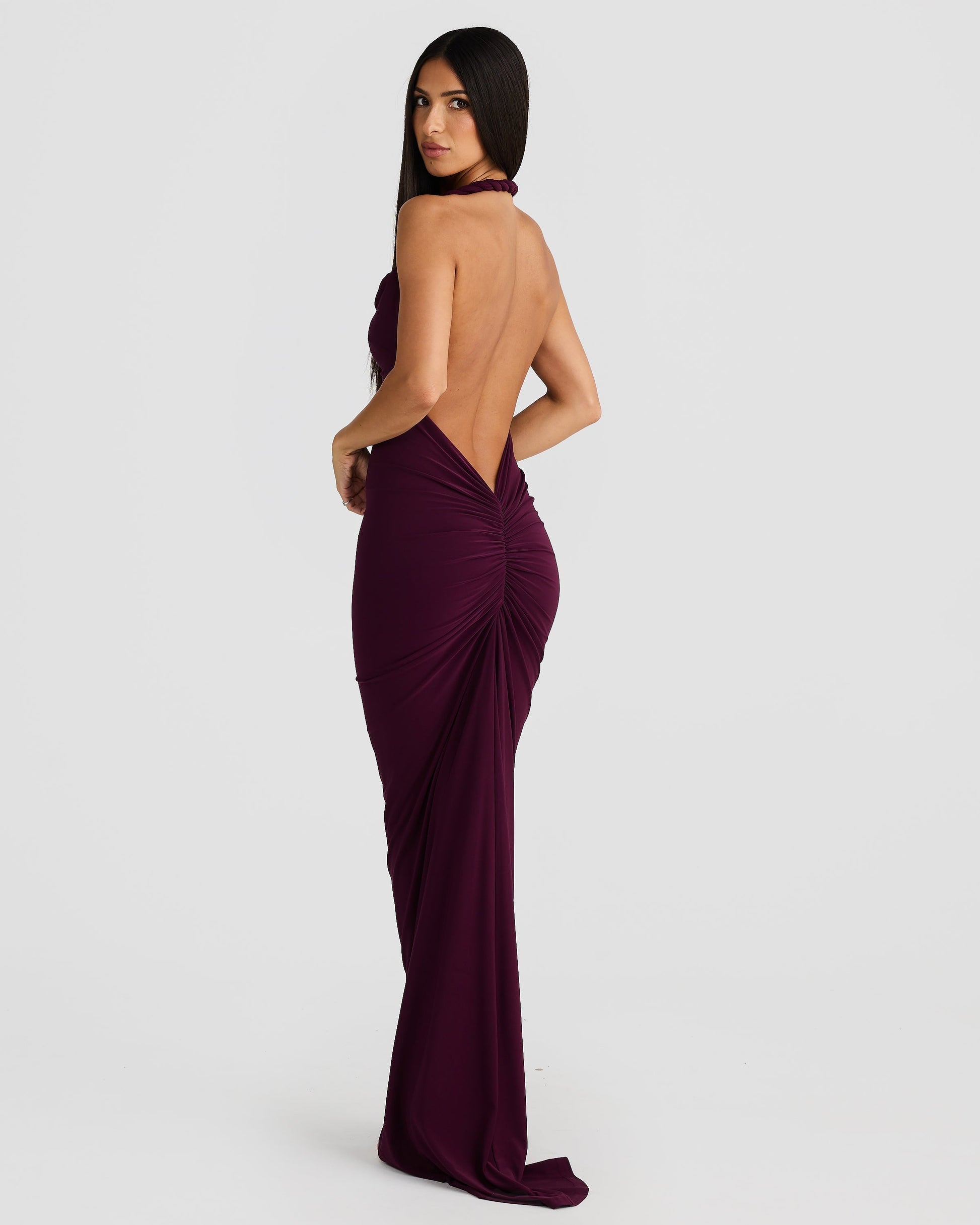 Women off shoulder maxi dress, back view