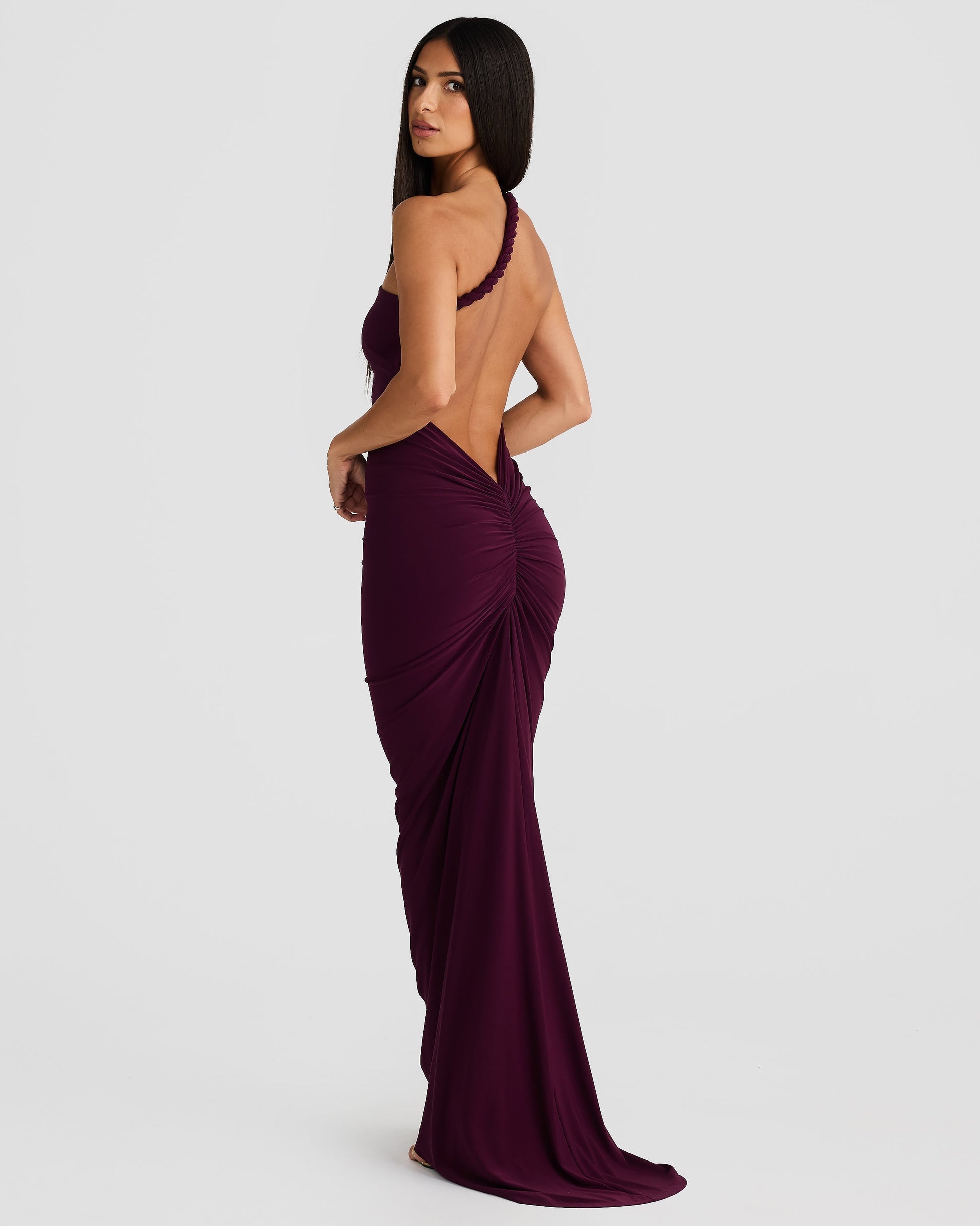 Women off shoulder maxi dress, back view