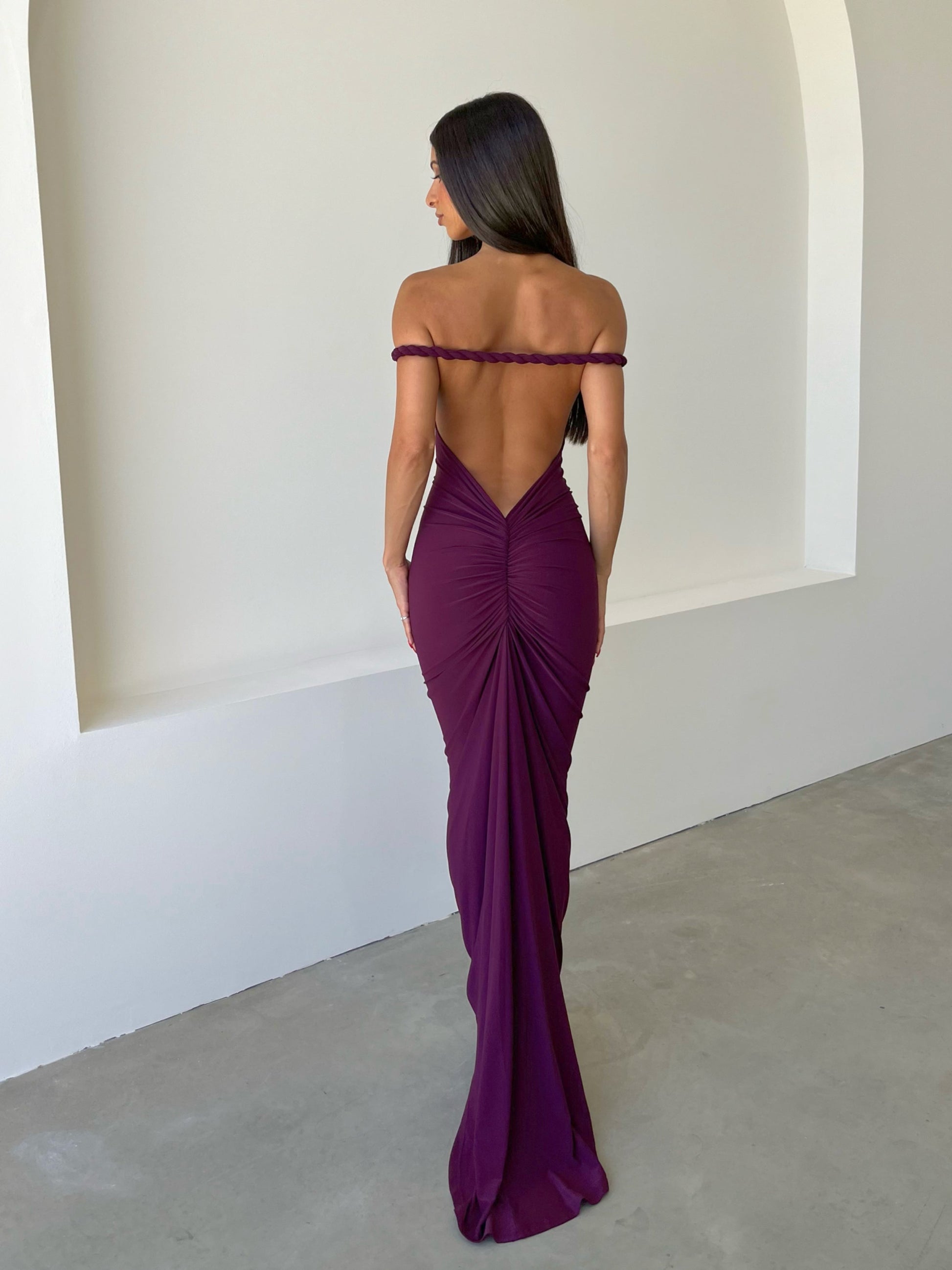 Women off shoulder maxi dress, back view
