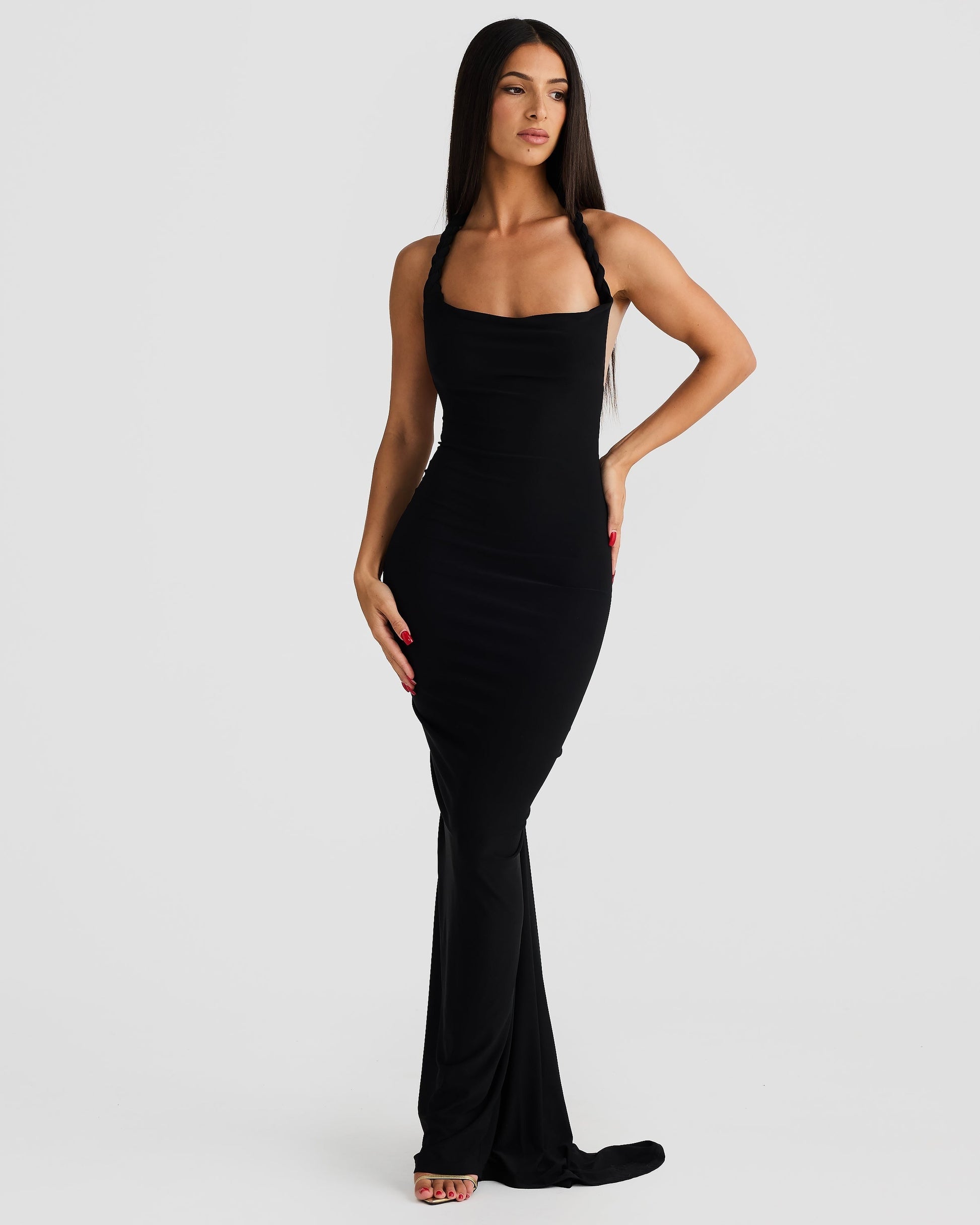 Women black off shoulder maxi dress, front view