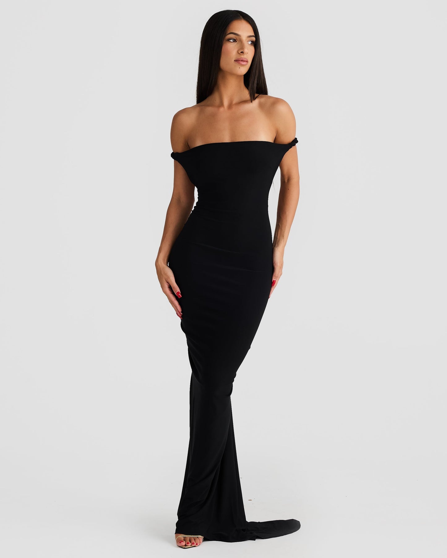 Women black off shoulder maxi dress, front view