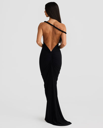 Women black off shoulder maxi dress, back